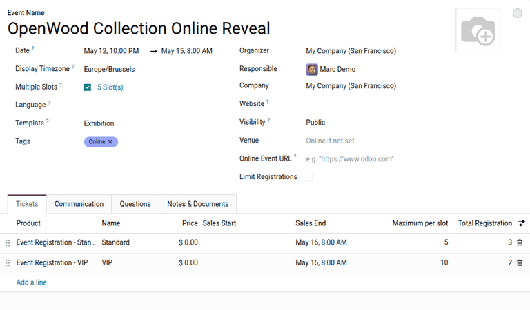 Odoo Events multi-slot configuration checkbox and slot count on the event form
