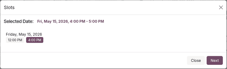 Attendee view of the slot selection popup during event registration on the website