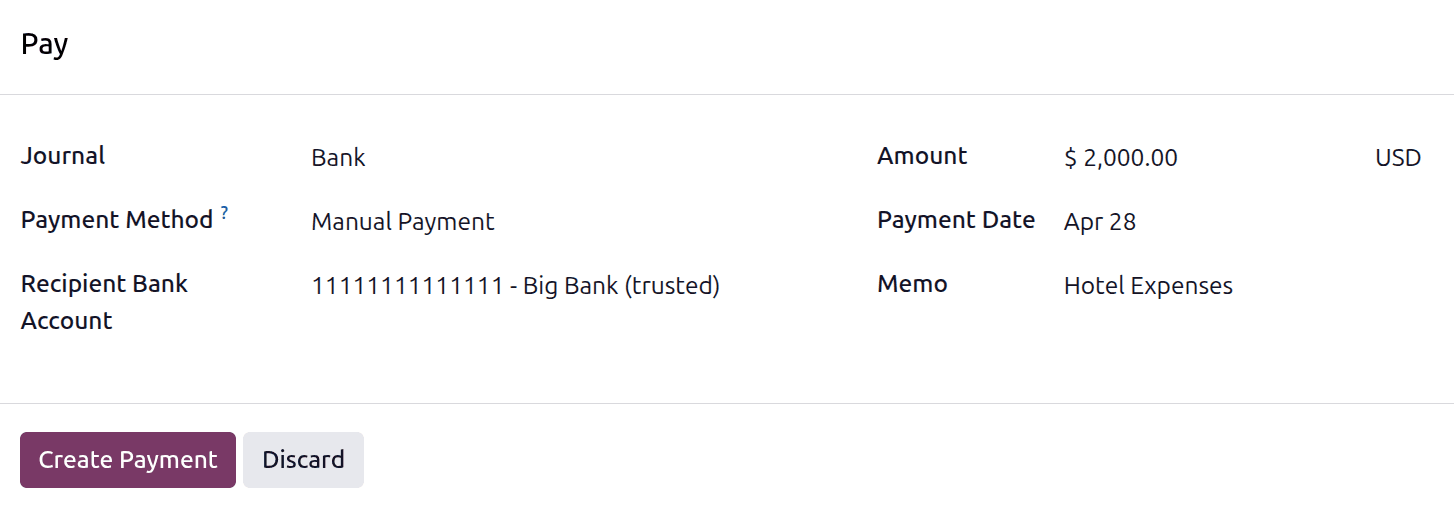 Odoo expense payment registration popup showing method selection for cash, check, or direct deposit reimbursement