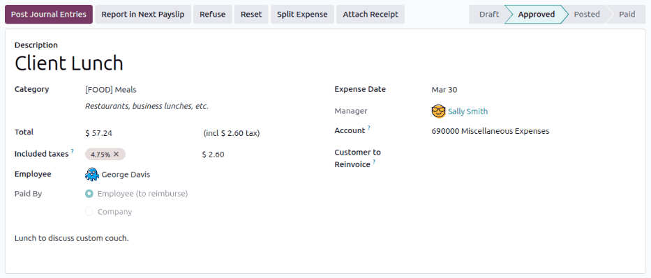 Odoo individual expense form showing the Report in Next Payslip button for payslip-based reimbursement