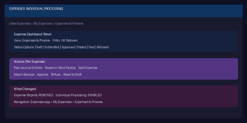 Odoo 19 Expenses dashboard showing individual expense processing with new action buttons