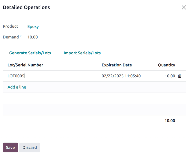 Odoo detailed operations popup showing FEFO-ordered lot selection with removal dates for warehouse picking