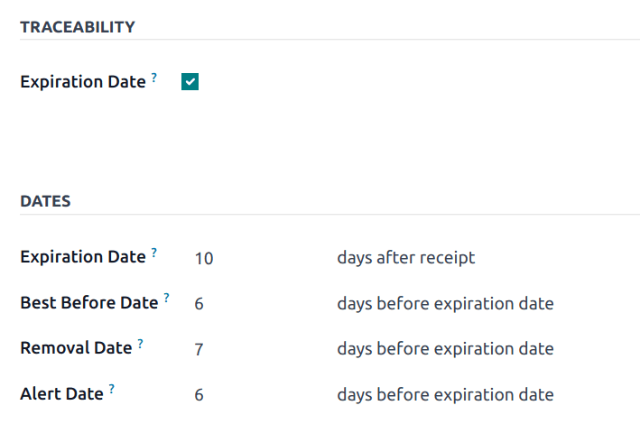 Odoo product form showing expiration date configuration with removal date, use date, and best before date fields