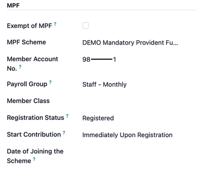 Odoo Hong Kong employee MPF contribution configuration showing scheme details and contribution tiers