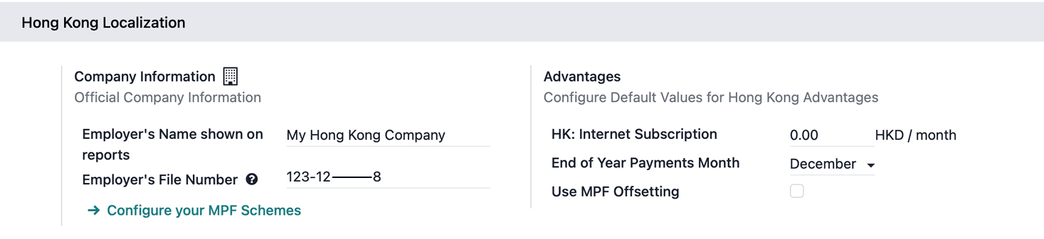 Odoo Hong Kong payroll localization settings showing MPF and compliance configuration options
