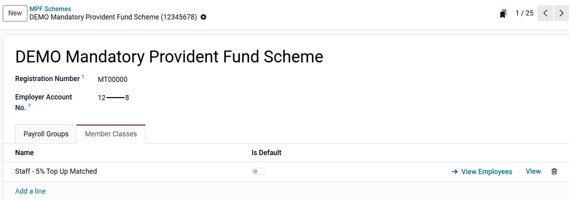 Odoo Hong Kong MPF member classes configuration showing contribution rates and eligibility settings