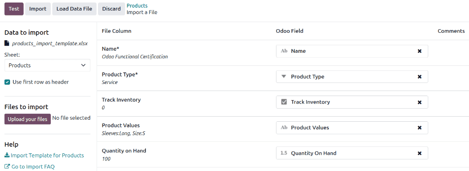 Odoo import records interface showing file upload, column mapping, and test import options