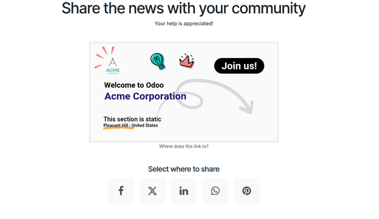 Odoo Marketing Card campaign preview showing card design with target URL and event linking