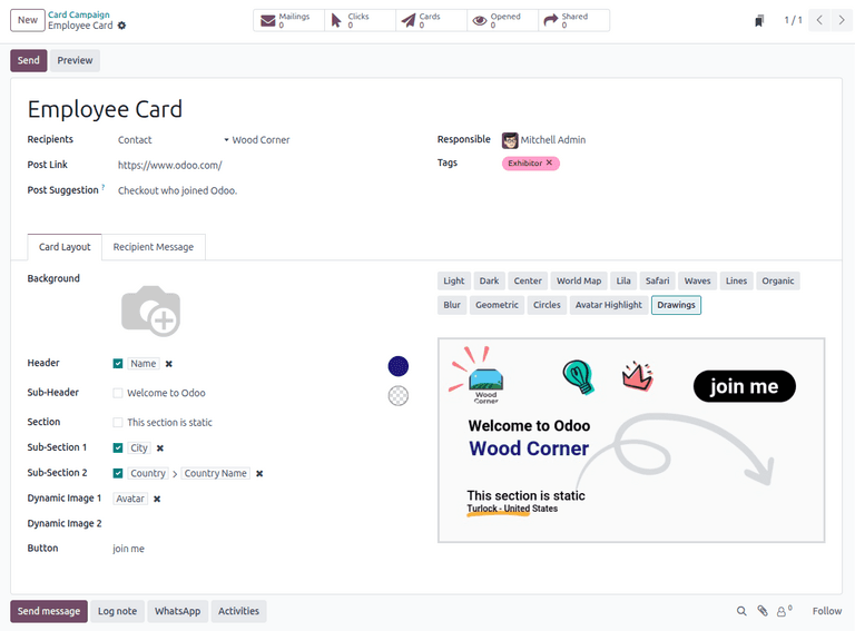 Odoo Marketing Card form showing card design configuration with header, sub-header, and section fields