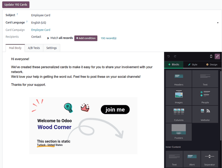 Odoo Marketing Card send page with language selection, recipient filtering, and email configuration