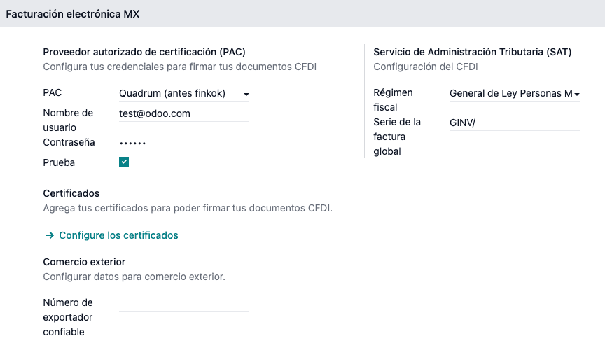 Odoo Mexico accounting settings panel showing localization configuration options