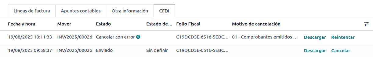 Odoo CFDI cancellation reason selection showing reason 01 for invoice substitution