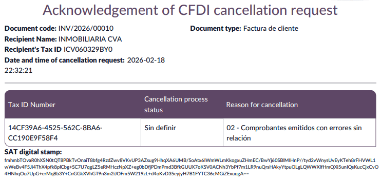 Odoo Mexico invoice cancellation acknowledgement screen showing CFDI cancellation status