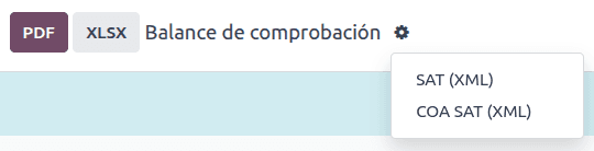 Odoo Mexico trial balance report interface with export options for SAT submission