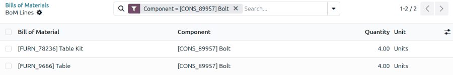 Odoo BOM lines view showing component entries ready for bulk replacement