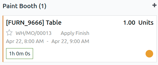 Odoo manufacturing Kanban view showing blocked work order with yellow-orange dependency indicator
