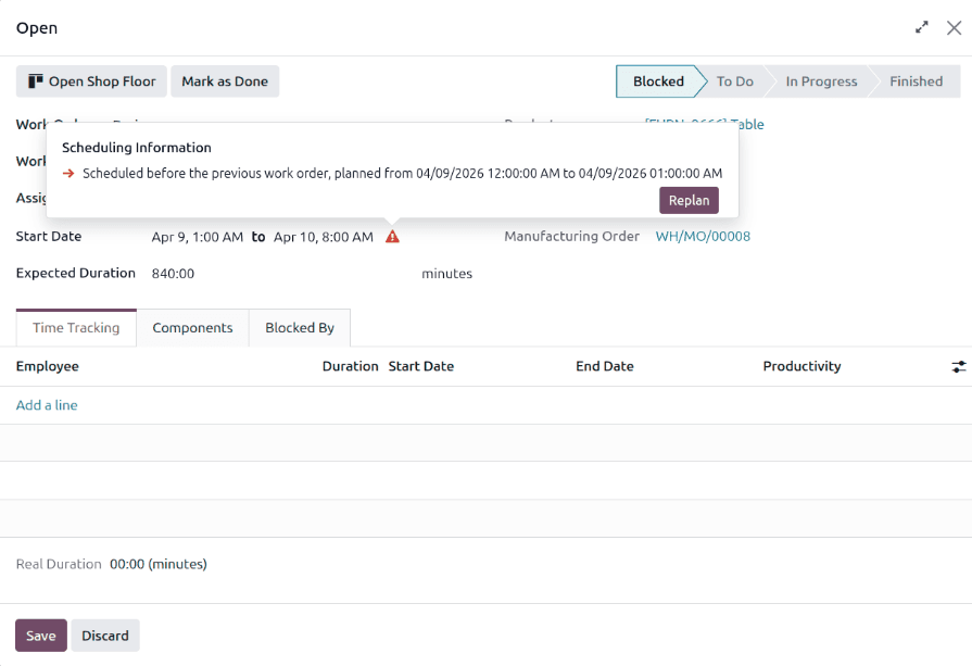 Odoo manufacturing work order rescheduling interface with conflict detection and update planning options