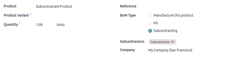 Odoo bill of materials configuration for subcontracting with updated field labels