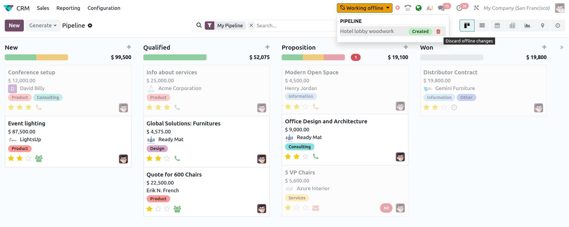Odoo interface showing grayed-out items that are unavailable while working offline