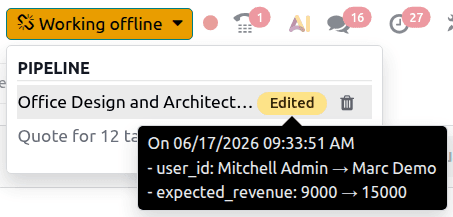 Working offline dropdown showing a list of queued changes with Created, Edited, and Archived tags