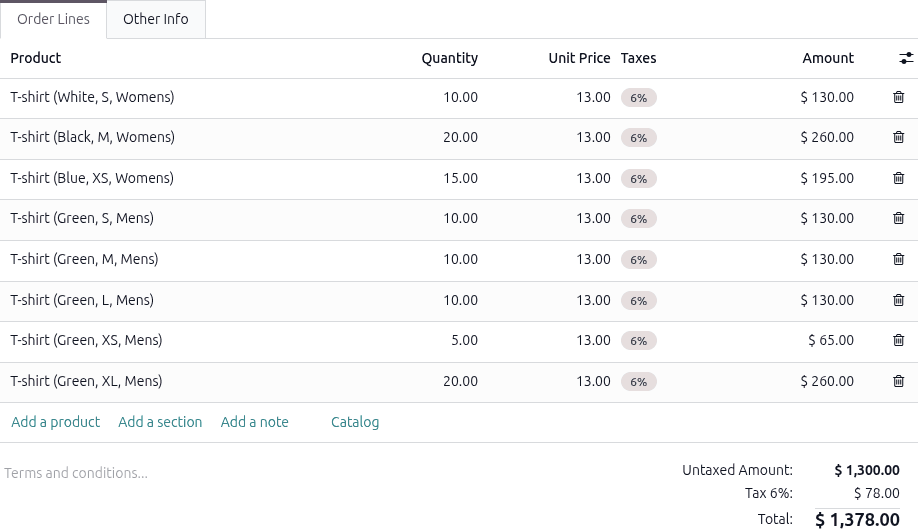 Odoo quotation order lines tab populated with product variants after grid entry selection