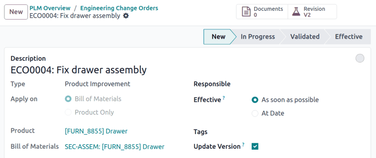 Odoo PLM engineering change order form with revision smart button and stage tracking