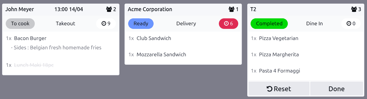 Odoo POS preparation display showing card-based order layout with color-coded stages, timing alerts, and item tracking