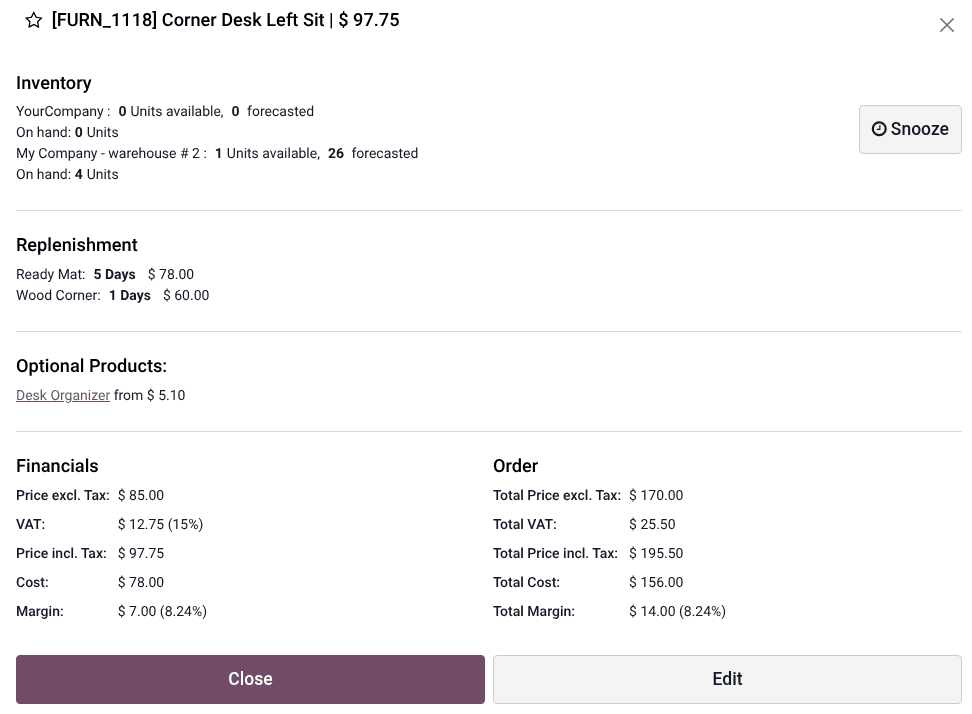 Odoo Point of Sale product information window showing real-time stock levels, pricing, and product details at the register
