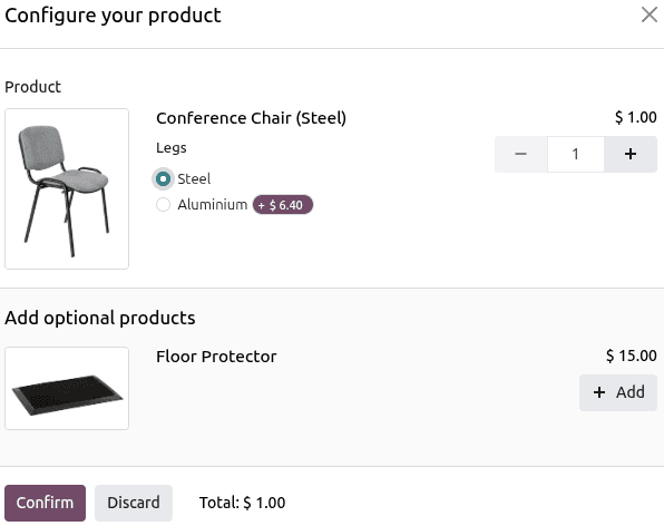 Odoo product configurator popup showing variant selection options for a quotation line item