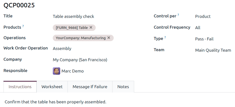 Updated Odoo Quality Control Points form showing the redesigned field layout with control frequency and partial test options