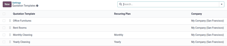 The quotation templates list view in Odoo Sales showing available templates