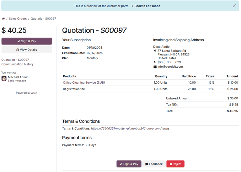 Preview of a quotation template with sections and product lines organized in Odoo