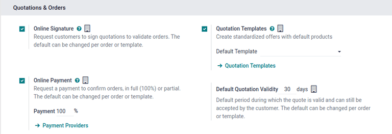 Quotation template settings panel in Odoo showing configuration options