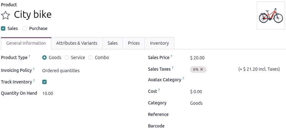 Odoo Rental module new product form configured as Goods type with inventory tracking enabled