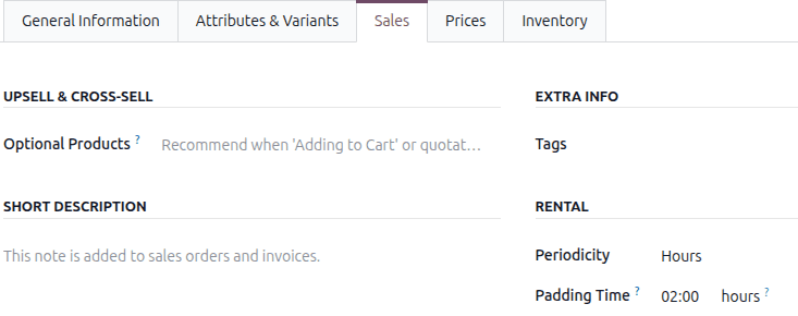 Odoo Rental periodicity and padding time configuration in the Sales tab