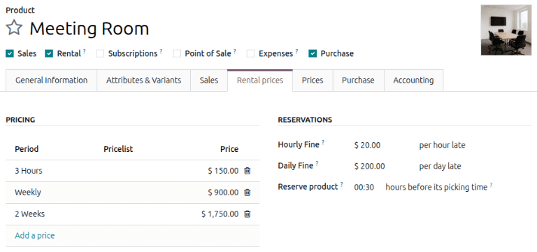 Rental product pricing configuration showing duration-based rates in Odoo