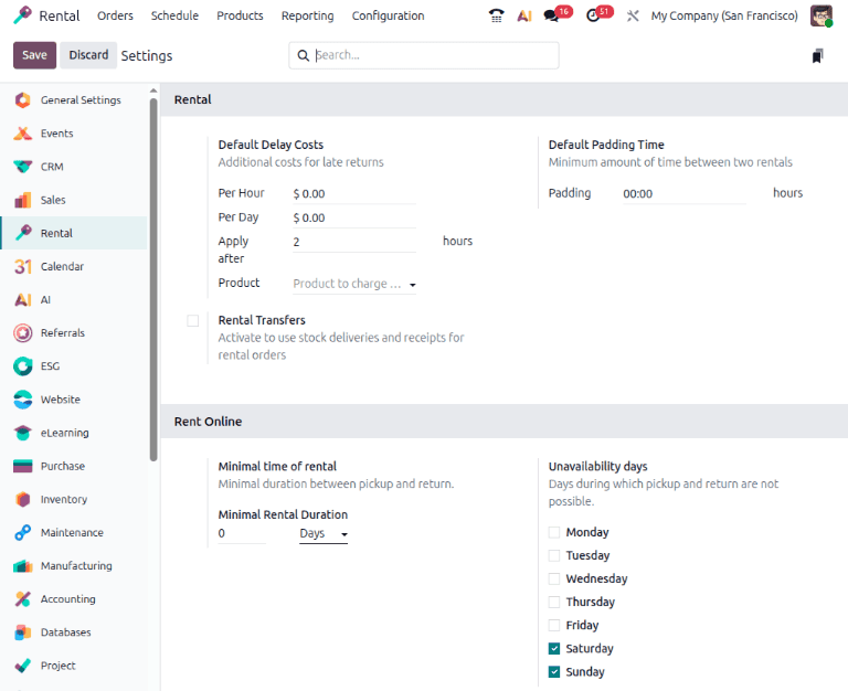 Odoo Rental application settings page showing default delay costs, padding time, and rental transfer options