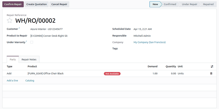Odoo streamlined repair order form with parts tab showing add, remove, and recycle options