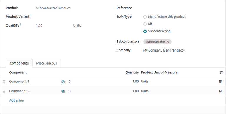 Odoo bill of materials configured with subcontracting type and components listed for resupply