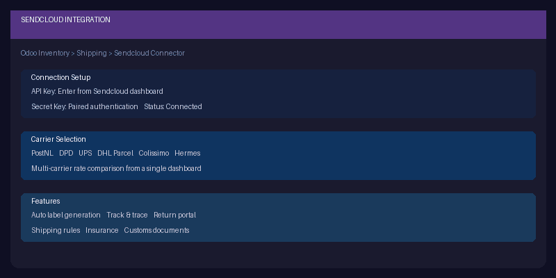 Odoo Sendcloud integration configuration showing API connection and carrier selection