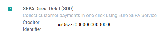 The SEPA creditor identifier configuration screen in Odoo accounting settings