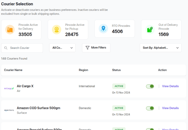 Courier selection and priority configuration panel in Shiprocket showing multiple delivery partners with priority rankings