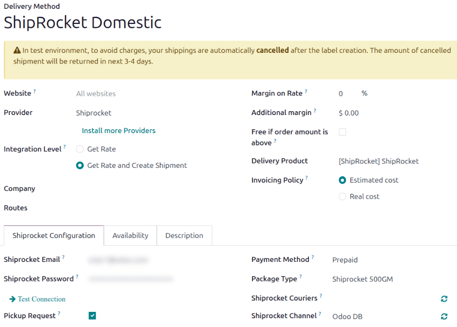 Odoo delivery method configuration form showing Shiprocket credential fields including API email, password, and channel ID