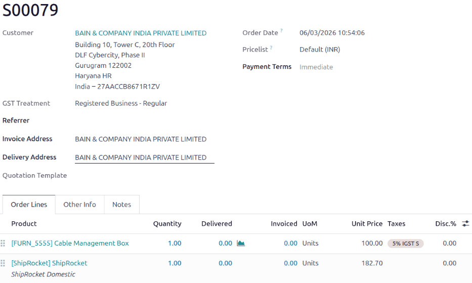 Odoo sales order showing Shiprocket shipping method selected with calculated delivery rate