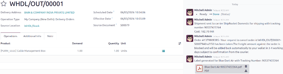 Validated delivery order in Odoo showing the automatically generated Shiprocket shipping label and tracking number
