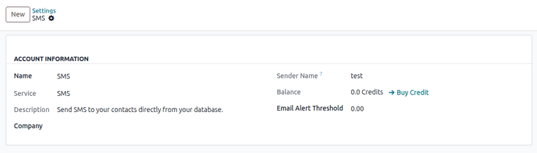 Odoo SMS Marketing account settings showing IAP service configuration with sender name and verification fields