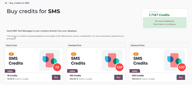 Odoo IAP portal showing SMS credit pack purchasing options with different pricing tiers