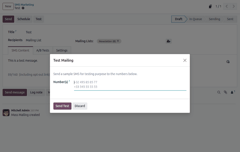 Odoo SMS Marketing campaign testing dialog showing message preview and recipient selection