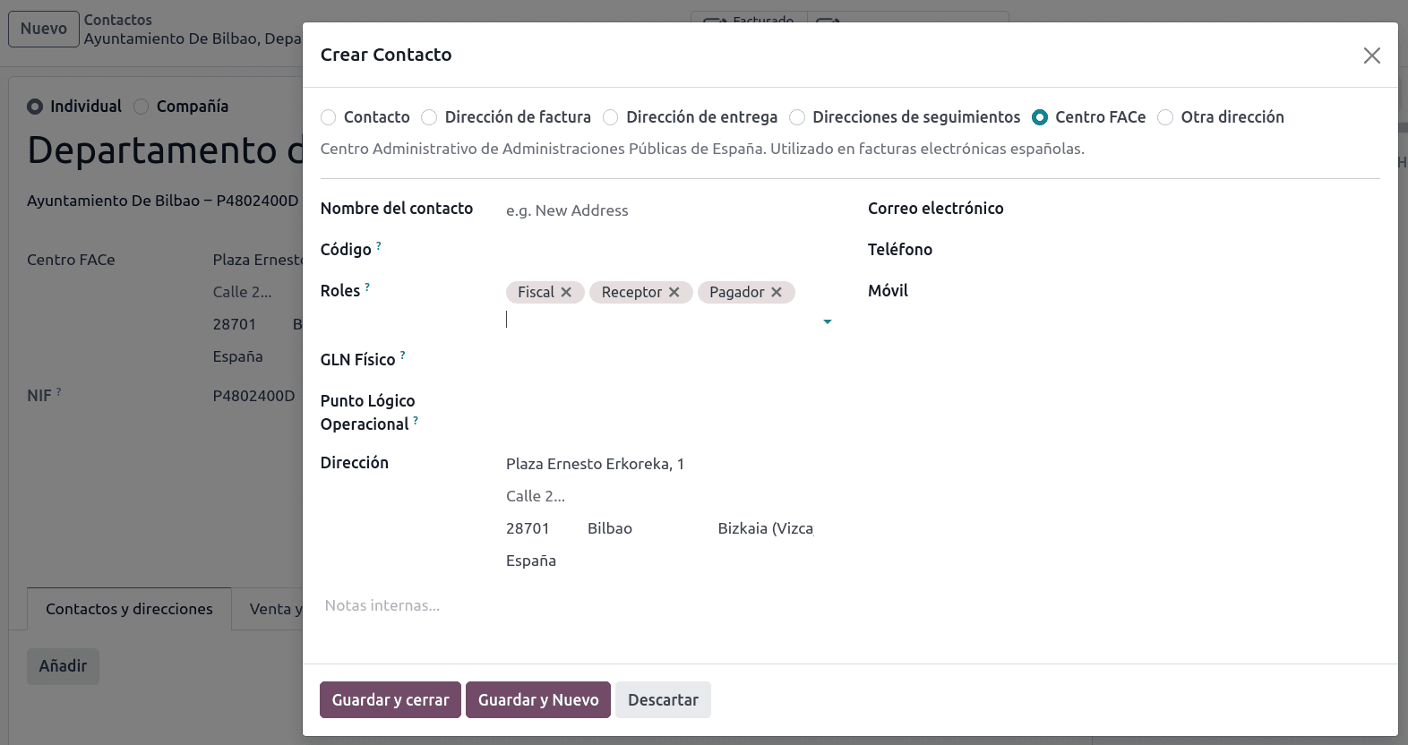 Odoo FACe administrative center configuration showing Receiver, Payer, and Fiscal roles