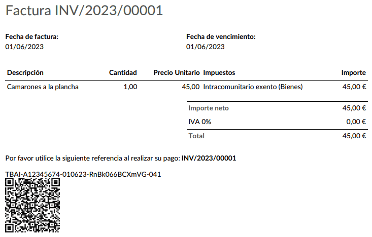 QR code generated on an Odoo invoice for TicketBAI verification in the Basque Country
